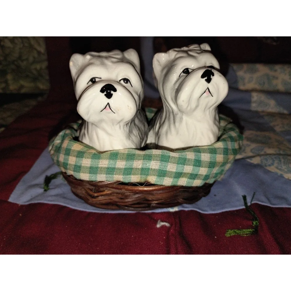 White Terrier In A Basket Salt And Pepper Shakers Vintage